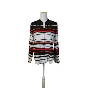 Calvin Klein Striped Button Up Top Women Size XS Black Career Preppy Classic